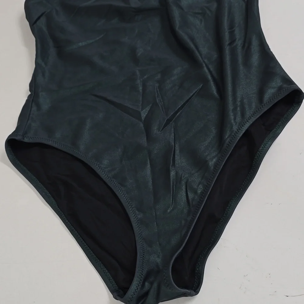 Solid And Stripped Dark Green One-Piece Swimsuit